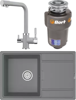 Комплект Мойка кухонная Point Лаура 78 серая + Смеситель PN3103 серый + Измельчитель Bort Titan 5000