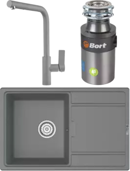 Комплект Мойка кухонная Point Лаура 78 серая + Смеситель PN3102 серый + Измельчитель Bort Titan 4000 Plus