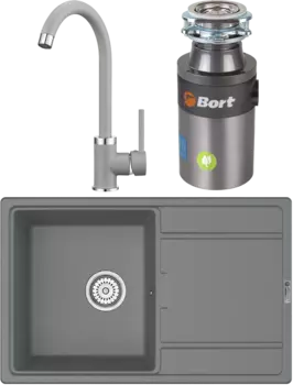 Комплект Мойка кухонная Point Лаура 78 серая + Смеситель PN3101 серый + Измельчитель Bort Titan 4000 Control
