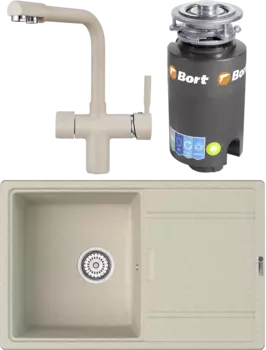 Комплект Мойка кухонная Point Лаура 78 светло-бежевая + Смеситель PN3104 светло-бежевый + Измельчитель Bort Titan 4000