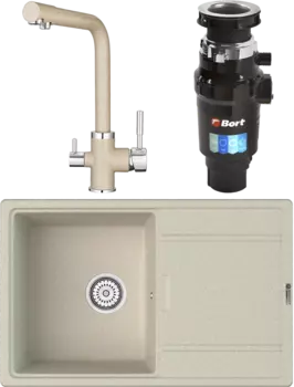 Комплект Мойка кухонная Point Лаура 78 светло-бежевая + Смеситель PN3103 светло-бежевый + Измельчитель Bort Master Eco MSI-680924