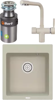 Комплект Мойка кухонная Point Моко 47 светло-бежевая + Смеситель PN3104 светло-бежевый + Измельчитель Bort Titan 4000 Control MSI-677912