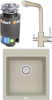 Комплект Мойка кухонная Point Моко 47 светло-бежевая + Смеситель PN3103 светло-бежевый + Измельчитель Bort Titan 4000 MSI-677874