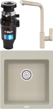 Комплект Мойка кухонная Point Моко 47 светло-бежевая + Смеситель PN3102 светло-бежевый + Измельчитель Bort Master Eco MSI-677722