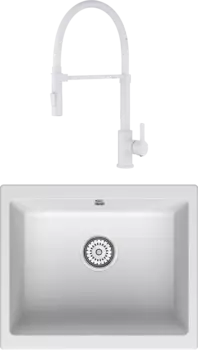 Комплект Мойка кухонная Point Сидли 55 белая + Смеситель Paulmark Halt Ha214021-431 матовый белый, с гибким изливом