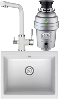 Комплект Мойка кухонная Point Сидли 55 белая + Смеситель PN3103 белый + Измельчитель Zorg Inox D MSI-677096