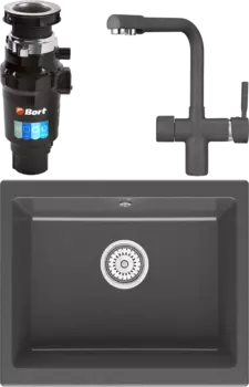 Комплект Мойка кухонная Point Сидли 55 графит + Смеситель PN3104 графит + Измельчитель Bort Master Eco MSI-677726