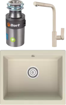 Комплект Мойка кухонная Point Сидли 55 светло-бежевая + Смеситель PN3102 светло-бежевый + Измельчитель Bort Titan 4000 Control MSI-677913