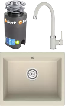 Комплект Мойка кухонная Point Сидли 55 светло-бежевая + Смеситель PN3101 светло-бежевый + Измельчитель Bort Titan 4000 MSI-677875