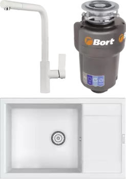 Комплект Мойка кухонная Point Велета 78 белая + Смеситель PN3102 белый + Измельчитель Bort Titan Max Power FullControl MSI-680308