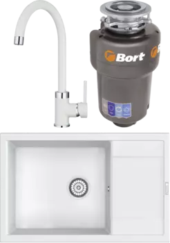Комплект Мойка кухонная Point Велета 78 белая + Смеситель PN3101 белый + Измельчитель Bort Titan Max Power MSI-680307