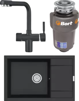 Комплект Мойка кухонная Point Велета 78 черная + Смеситель PN3104 черный + Измельчитель Bort Titan Max Power MSI-680336
