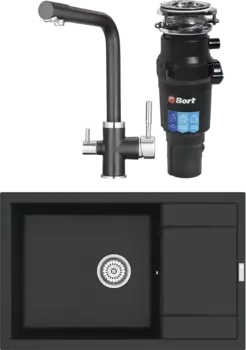 Комплект Мойка кухонная Point Велета 78 черная + Смеситель PN3103 черный + Измельчитель Bort Titan 7000 MSI-680331