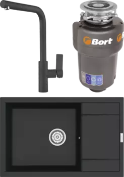 Комплект Мойка кухонная Point Велета 78 черная + Смеситель PN3102 черный + Измельчитель Bort Titan 5000 Control MSI-680328