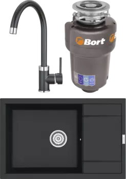 Комплект Мойка кухонная Point Велета 78 черная + Смеситель PN3101 черный + Измельчитель Bort Titan 5000 MSI-680324