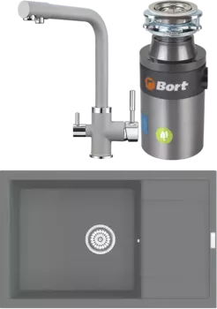 Комплект Мойка кухонная Point Велета 78 серая + Смеситель PN3103 серый + Измельчитель Bort Titan 4000 Control MSI-680321