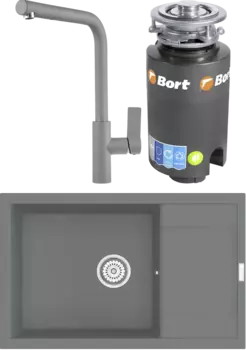 Комплект Мойка кухонная Point Велета 78 серая + Смеситель PN3102 серый + Измельчитель Bort Titan 4000 MSI-680320