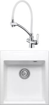 Комплект Мойка кухонная Polygran Argo 460 белый хлопок + Смеситель Lemark Comfort LM3070C-White с гибким изливом, хром, белый