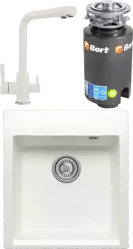 Комплект Мойка кухонная Polygran Argo 460 белый хлопок + Смеситель Высокий Дуо 660717 белый хлопок + Измельчитель Bort Titan 4000 MSI-677876