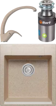 Комплект Мойка кухонная Polygran Argo 460 песочная + Смеситель 003189 высокий, песочный + Измельчитель Bort Titan 4000 Control MSI-677914