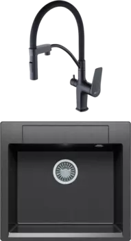 Комплект Мойка кухонная Polygran Argo 560 черная + Смеситель Lemark Bronx LM3761BL черный, с гибким изливом