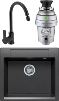 Комплект Мойка кухонная Polygran Argo 560 черная + Смеситель MEGA City MG-ZRV102-b черный + Измельчитель Zorg Inox D MSI-677121