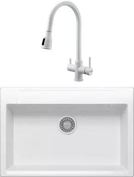 Комплект Мойка кухонная Polygran Argo 760 белый хлопок + Смеситель Paulmark Lange 214212-431 белый матовый