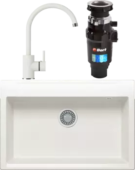 Комплект Мойка кухонная Polygran Argo 760 белый хлопок + Смеситель Элара 660724 белый хлопок + Измельчитель Bort Master Eco MSI-677743