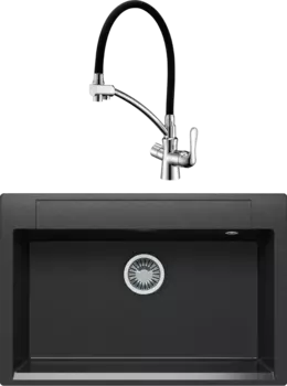 Комплект Мойка кухонная Polygran Argo 760 черная + Смеситель Lemark Comfort LM3070C с гибким изливом, хром, черный