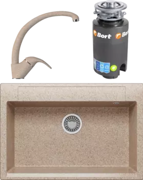 Комплект Мойка кухонная Polygran Argo 760 песочная + Смеситель 003189 высокий, песочный + Измельчитель Bort Titan 4000 MSI-677877