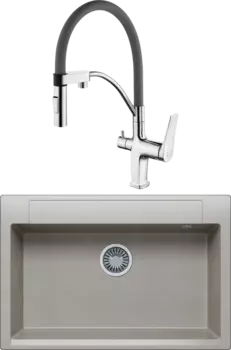 Комплект Мойка кухонная Polygran Argo 760 серая + Смеситель Lemark Comfort LM3074C-Gray с гибким изливом, хром, серый