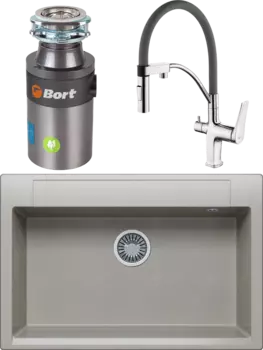 Комплект Мойка кухонная Polygran Argo 760 серая + Смеситель Lemark Comfort LM3074C-Gray с гибким изливом, хром, серый + Измельчитель Bort Titan 4000 Control MSI-677915