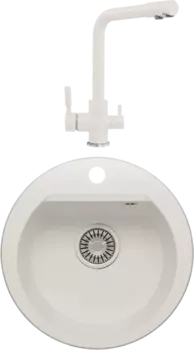 Комплект Мойка кухонная Polygran Atol 678910 белый хлопок + Смеситель Высокий Дуо 660717 белый хлопок