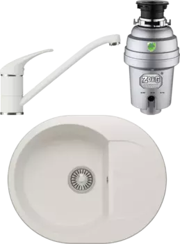 Комплект Мойка кухонная Polygran Atol 678972 белый хлопок + Смеситель Низкий 660694 белый хлопок + Измельчитель Zorg Inox D MSI-677152