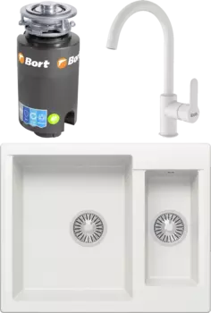 Комплект Мойка кухонная Polygran Brig 620 белый хлопок + Смеситель IDDIS Cuba CU6WTJ0i05 белый + Измельчитель Bort Titan 4000 MSI-677881
