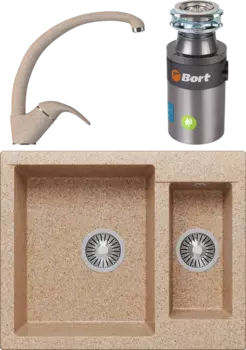 Комплект Мойка кухонная Polygran Brig 620 песочная + Смеситель 003189 высокий, песочный + Измельчитель Bort Titan 4000 Control MSI-677916