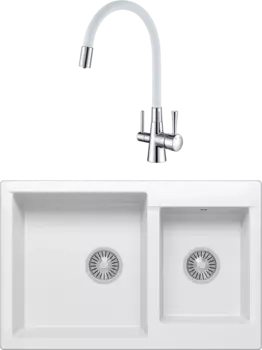Комплект Мойка кухонная Polygran Brig 772 белый хлопок + Смеситель Lemark Comfort LM3075C-White с гибким изливом, хром, белый