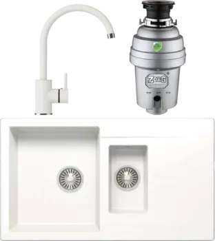Комплект Мойка кухонная Polygran Brig 870 белый хлопок + Смеситель Элара 660724 белый хлопок + Измельчитель Zorg Inox D MSI-677155