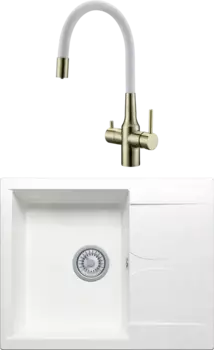 Комплект Мойка кухонная Polygran Gals 620 белый хлопок + Смеситель Paulmark Salix 213419-BRw бронза, белый, с гибким изливом