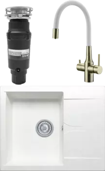 Комплект Мойка кухонная Polygran Gals 620 белый хлопок + Смеситель Paulmark Salix 213419-BRw бронза, белый, с гибким изливом + Измельчитель Bone Crusher BC 910-SL-Slim Line MSI-677670