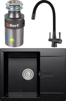 Комплект Мойка кухонная Polygran Gals 620 черная + Смеситель Lemark Comfort LM3075GM никель, черный + Измельчитель Bort Titan 4000 Control MSI-677917