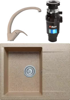 Комплект Мойка кухонная Polygran Gals 620 песочная + Смеситель 003189 высокий, песочный + Измельчитель Bort Master Eco MSI-677746