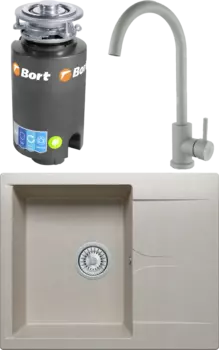 Комплект Мойка кухонная Polygran Gals 620 серая + Смеситель РМС Sus124gy SUS124GY-017F серый + Измельчитель Bort Titan 4000 MSI-677883