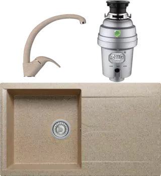 Комплект Мойка кухонная Polygran Gals 860 песочная + Смеситель 003189 высокий, песочный + Измельчитель Zorg Inox D MSI-677159