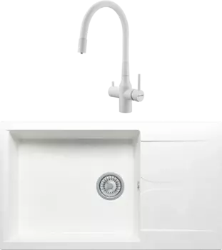 Комплект Мойка кухонная Polygran Gals 862 белый хлопок + Смеситель Paulmark Salix 213419-431 белый матовый, белый, с гибким изливом