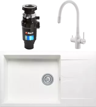 Комплект Мойка кухонная Polygran Gals 862 белый хлопок + Смеситель Paulmark Salix 213419-431 белый матовый, белый, с гибким изливом + Измельчитель Bort Master Eco MSI-677748