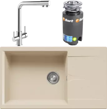 Комплект Мойка кухонная Polygran Gals 862 опал + Смеситель MEGA Life MG-TK05 хром + Измельчитель Bort Titan 4000 MSI-677885