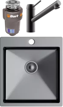 Комплект Мойка кухонная TopZero TNL ColorX TNL450.505 TITAN титан + Смеситель Matto титан + Измельчитель Bort Titan Max Power FullControl