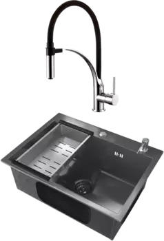 Комплект Мойка кухонная Ulgran 60х45, черная брашированная сталь + Смеситель Lemark Soul LM6007C с гибким изливом, хром, черный