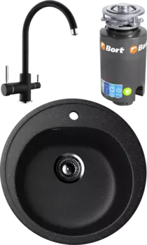 Комплект Мойка кухонная Ulgran U-101 -308 черная + Смеситель Domaci Солерно DC-3007 морион + Измельчитель Bort Titan 4000 MSI-677907